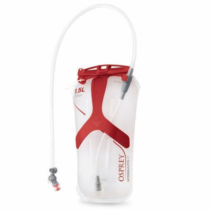White and red Osprey hydration bladder on a white background