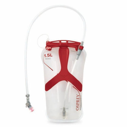 Hydration bladder with red accents and Osprey branding on a white background