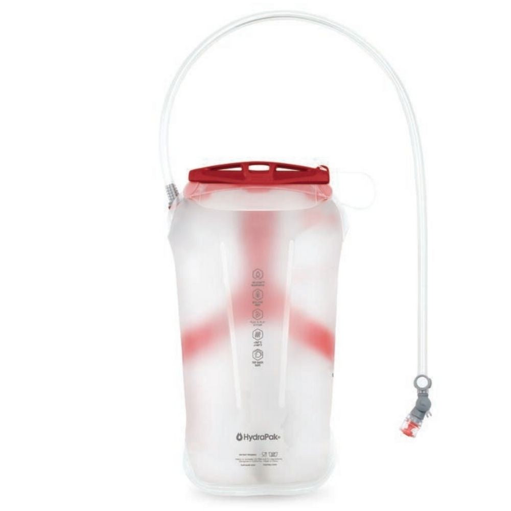 Hydration bladder with red top and white body on a white background