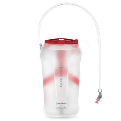 Hydration bladder with red top and white body on a white background