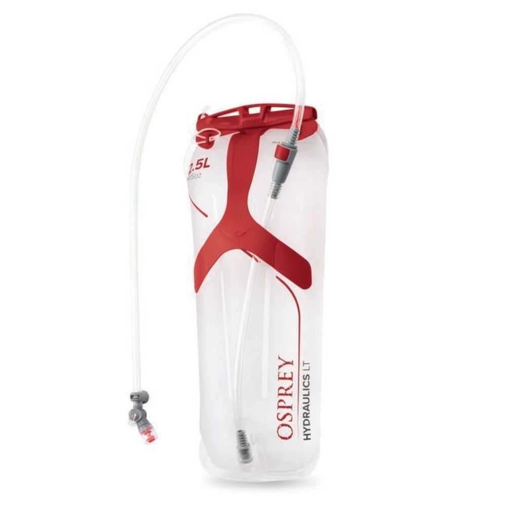 Osprey hydration bladder with red accents on a white background
