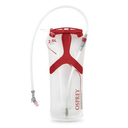 Osprey hydration bladder with red accents on a white background