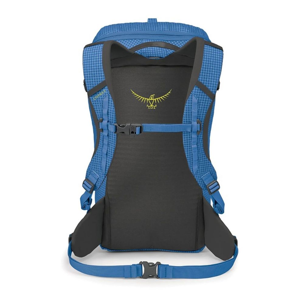 Blue and black backpack with a visible brand logo on a white background