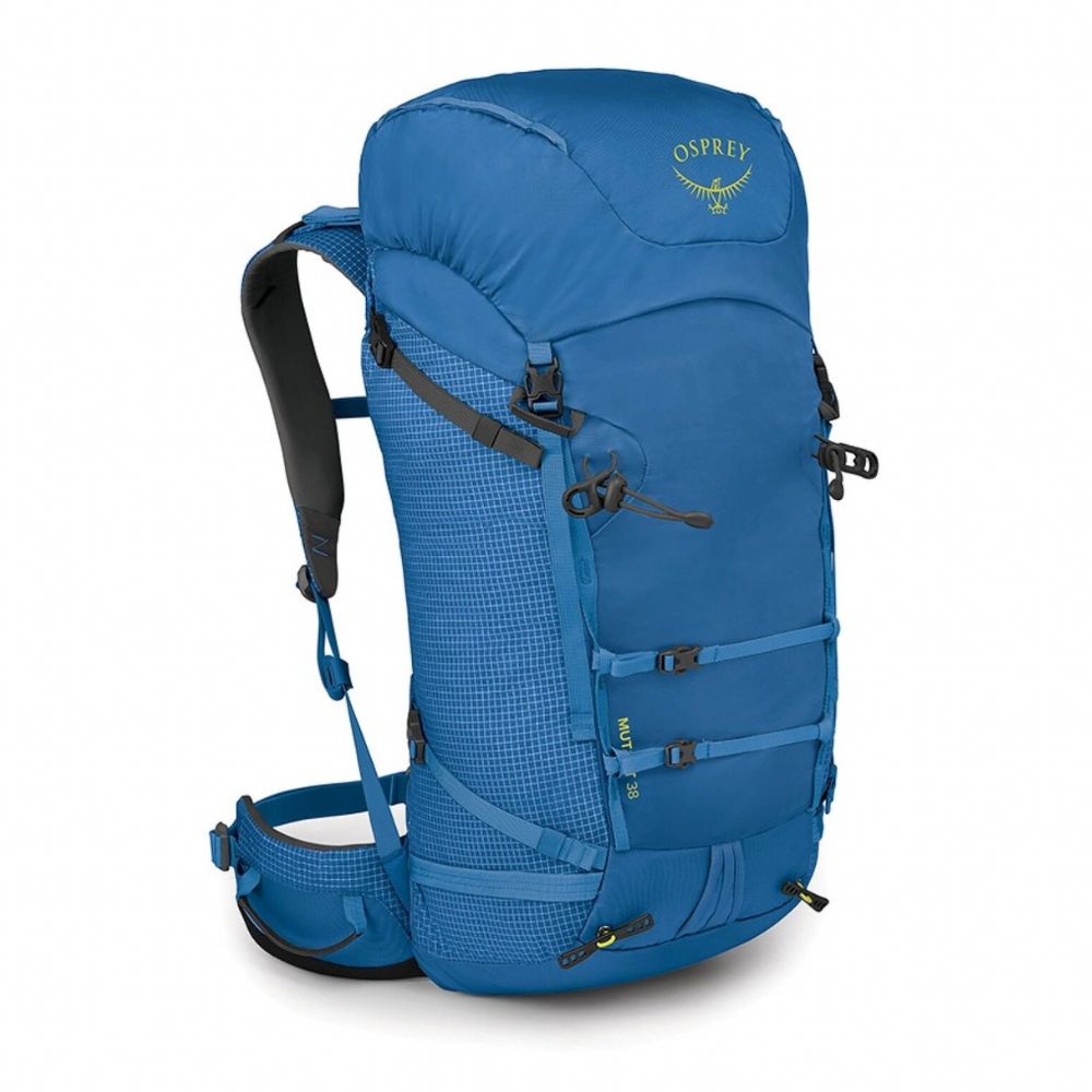 Blue Osprey hiking backpack on a white background
