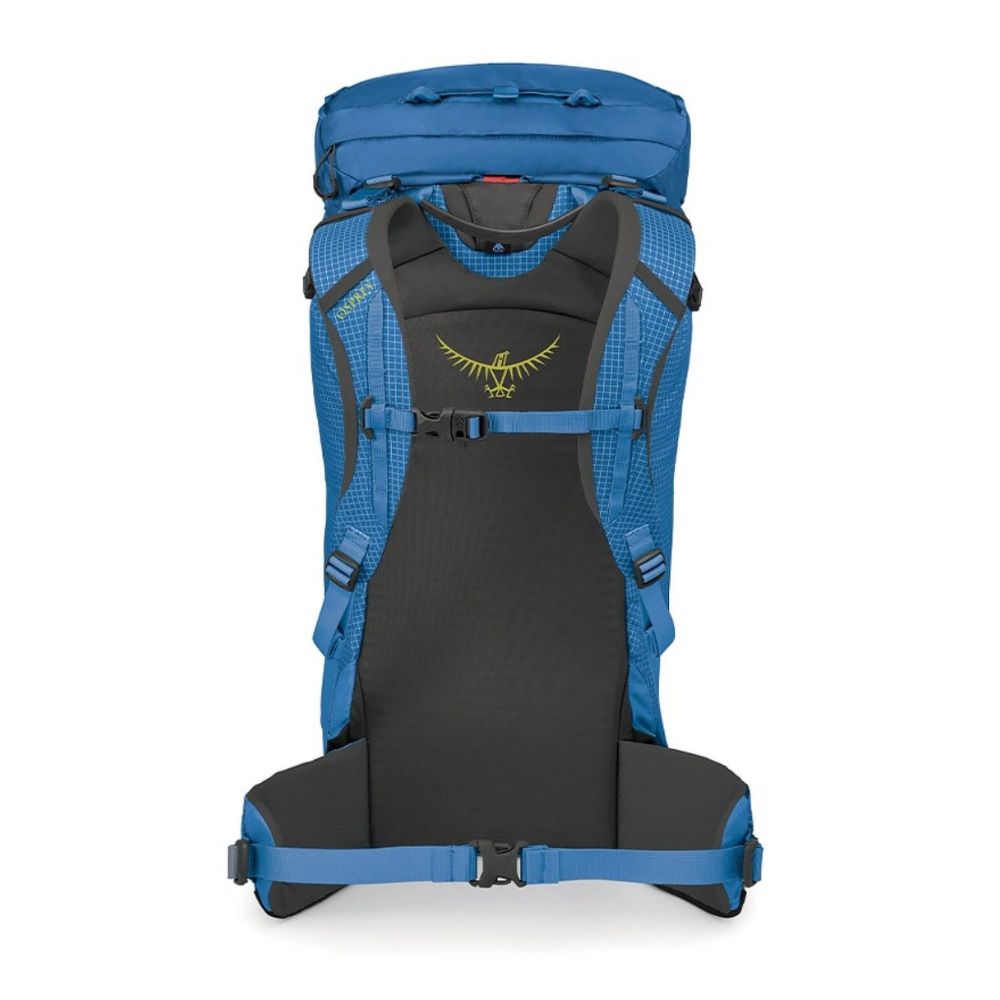 Blue and black backpack with a visible brand logo on a white background