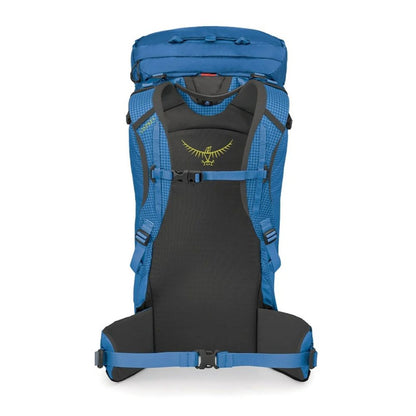 Blue and black backpack with a visible brand logo on a white background