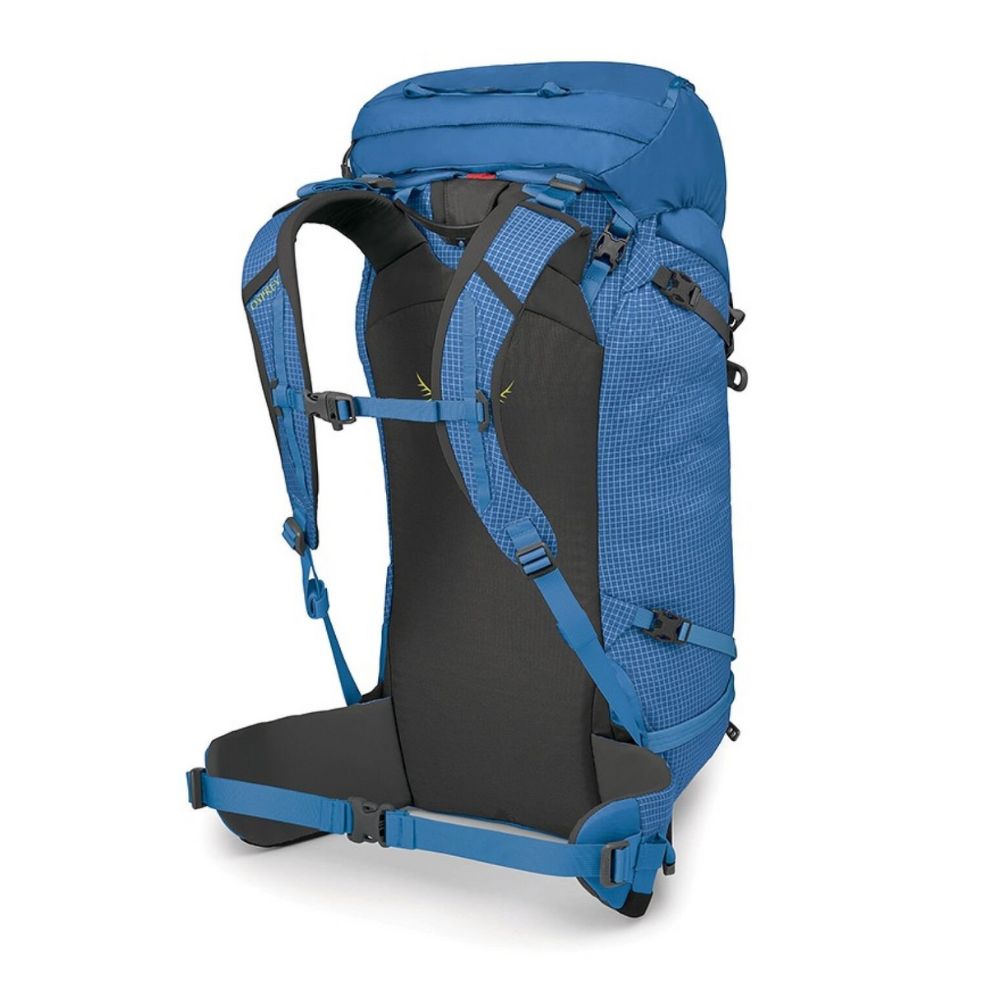 Blue and black hiking backpack on a white background