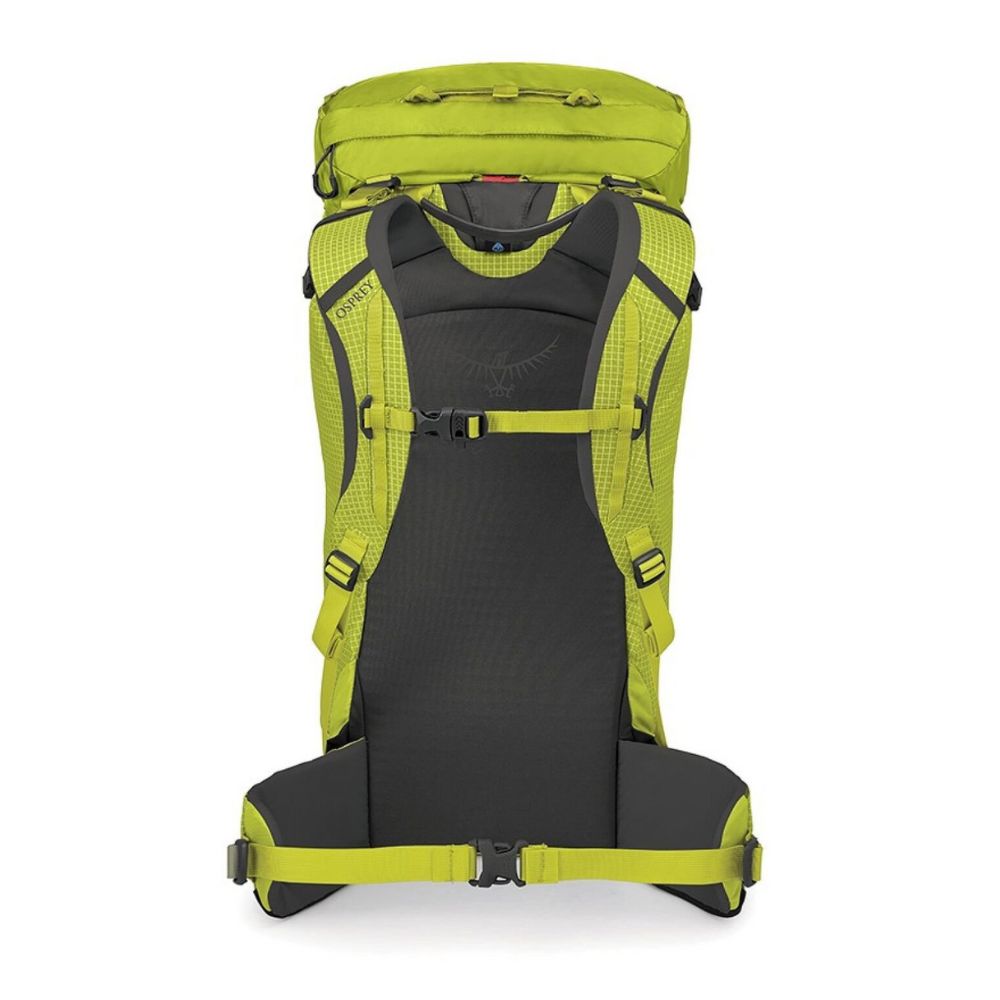 Green and black backpack on a white background