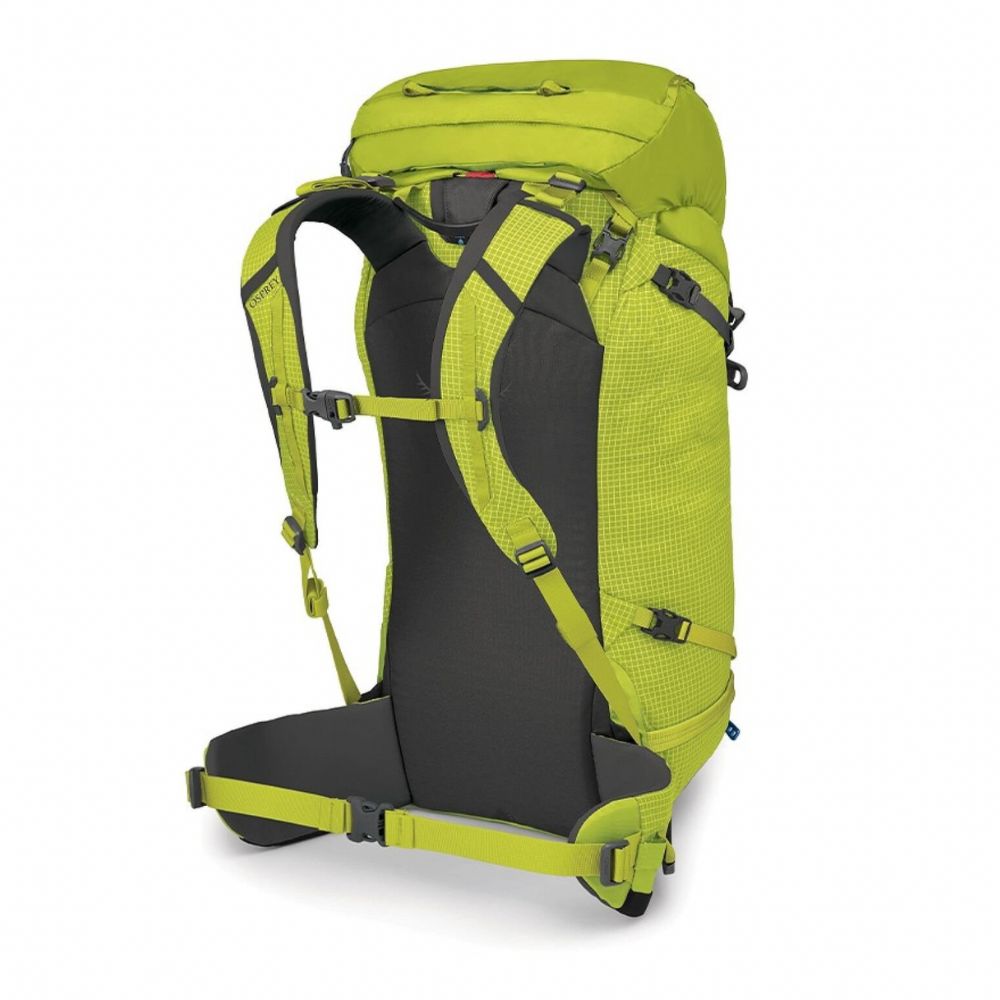 Yellow and black hiking backpack on a white background