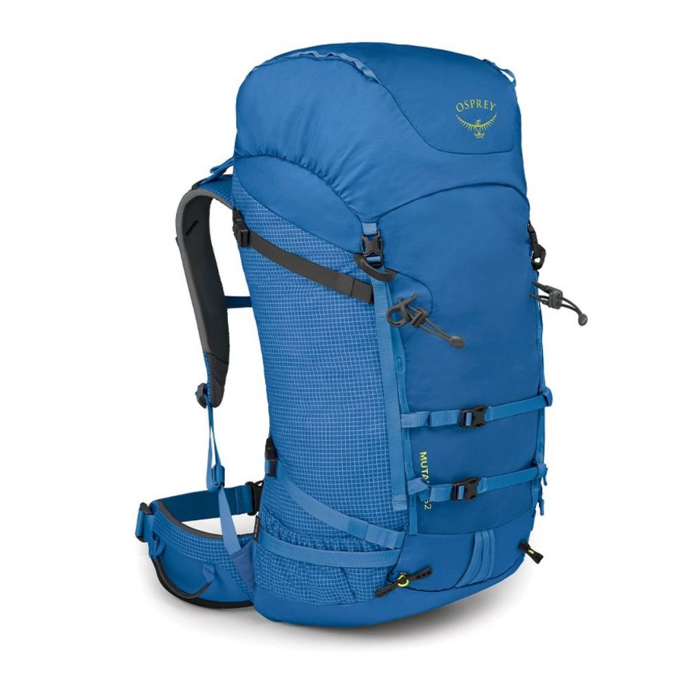 Blue Osprey hiking backpack on a white background
