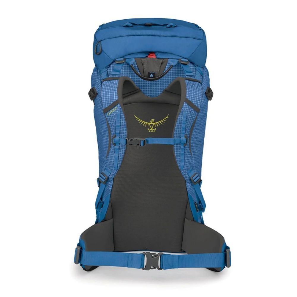Blue and black Osprey backpack on a white background