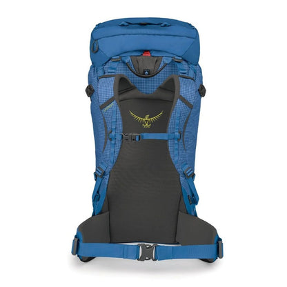 Blue and black Osprey backpack on a white background