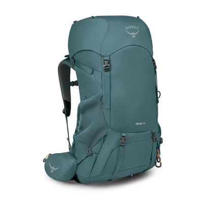 An Osprey Renn 10 hiking backpack in a muted teal color, shown from a three-quarter angle against a plain white background.