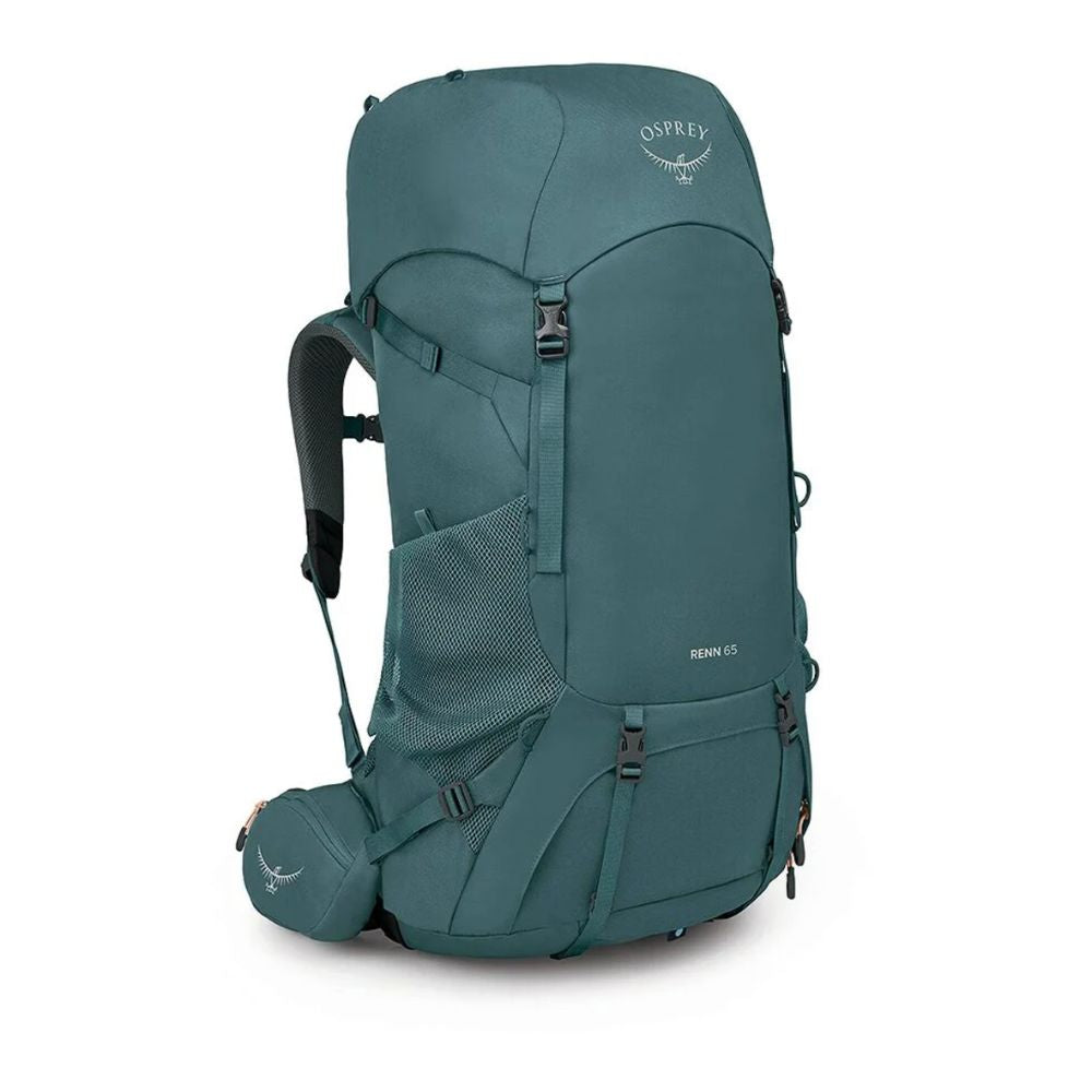 An Osprey Ridgen 65 hiking backpack in a muted teal green color, shown from a three-quarter angle against a plain white background.