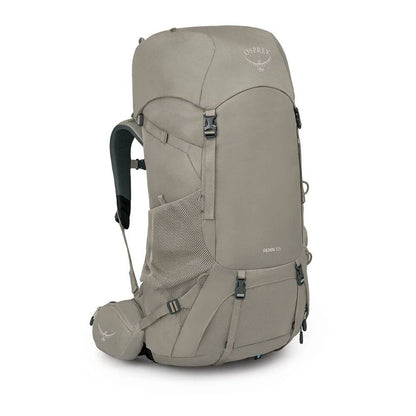 An Osprey backpacking pack in a warm grayish-brown, often called 'Brown Co.' or 'Sage' depending on the shade, shown against a plain white background.