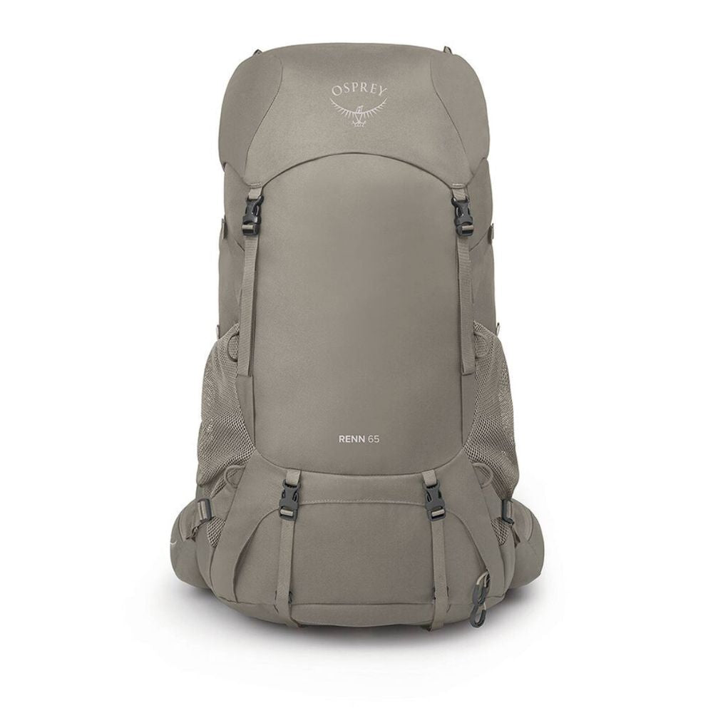An Osprey Riven 65 hiking backpack in a solid taupe-gray color, shown from the front on a clean white background.