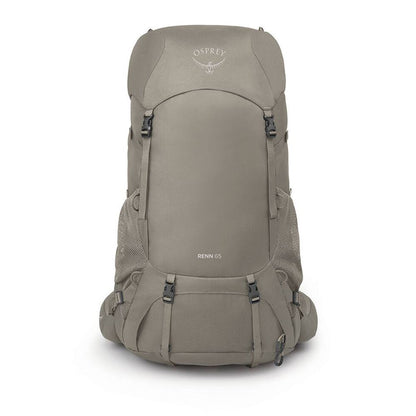An Osprey Riven 65 hiking backpack in a solid taupe-gray color, shown from the front on a clean white background.