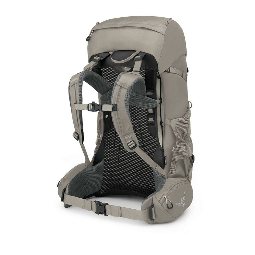 A gray Osprey hiking backpack shown from the rear three-quarter view, featuring a breathable mesh back panel, padded shoulder straps, and a hip belt, set against a plain white background.