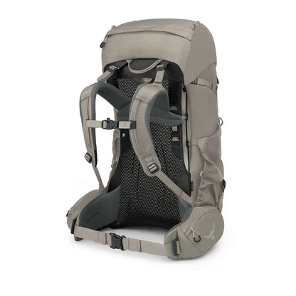 A gray Osprey hiking backpack shown from the rear three-quarter view, featuring a breathable mesh back panel, padded shoulder straps, and a hip belt, set against a plain white background.