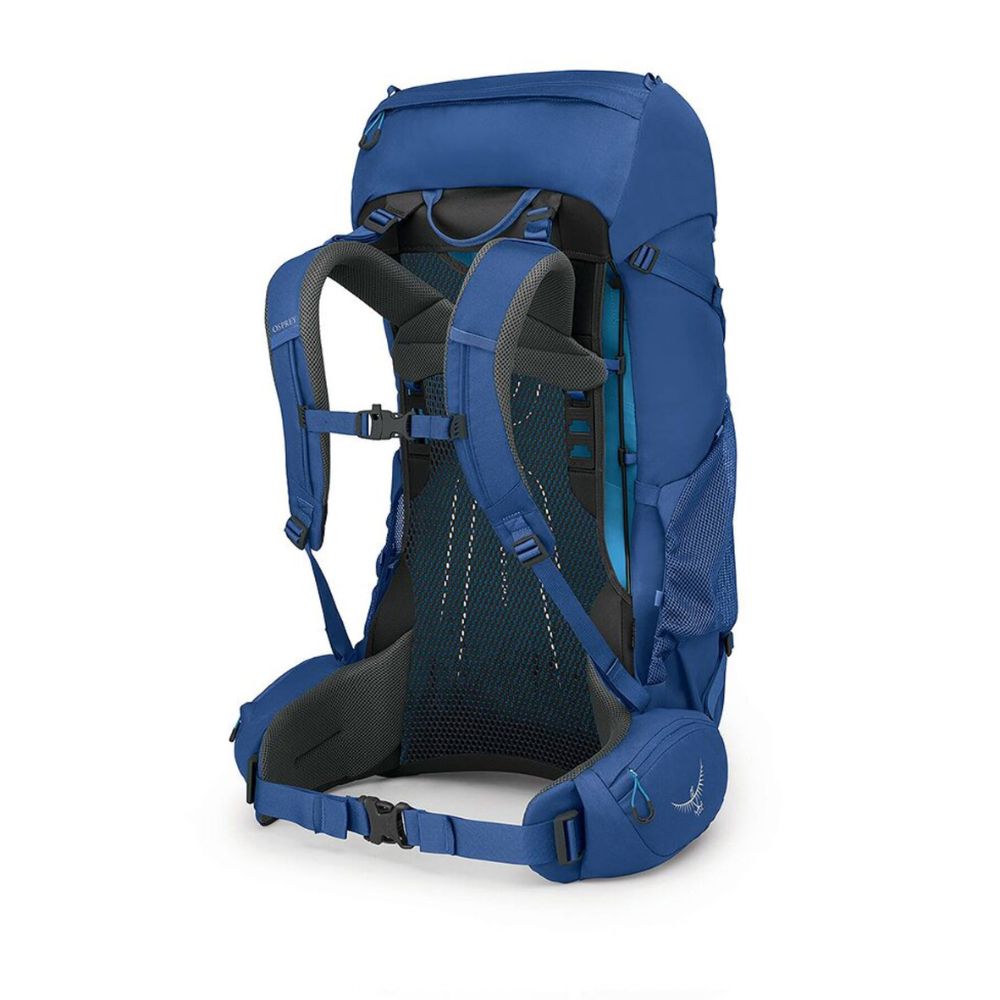 A blue Osprey hiking backpack shown from the rear three-quarter view, featuring padded shoulder straps, a breathable mesh back, and side compression straps, set against a plain white background.