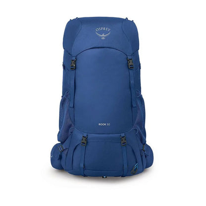 A blue Osprey Rock 60 hiking backpack shown from the front on a clean white background.