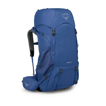 A blue Osprey Book 50 hiking backpack shown from a three-quarter angle against a plain white background, with its matching blue packing cube beside it.