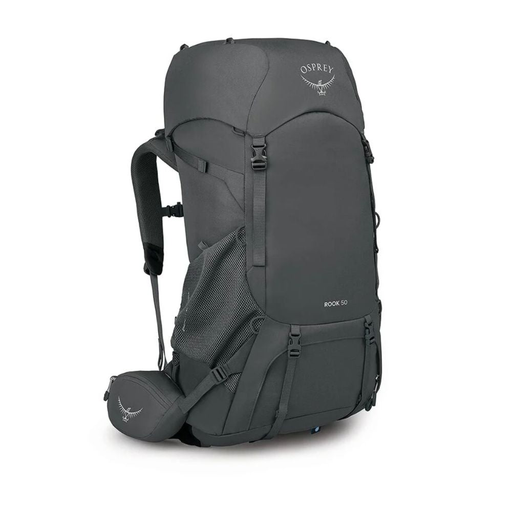 An Osprey Book 60 hiking backpack in dark gray, shown from a three-quarter angle against a plain white background.