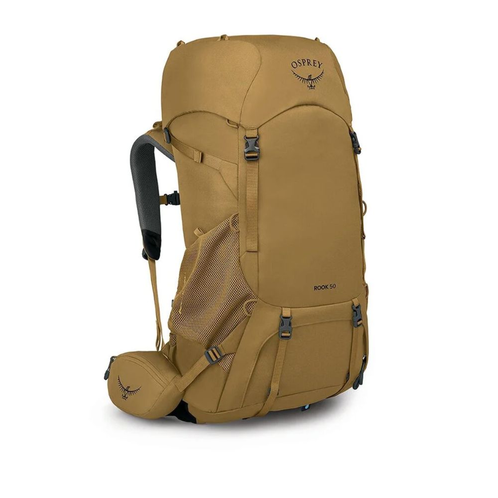 An Osprey Hike 60 backpack in a warm tan/khaki color, shown from a three-quarter angle against a plain white background.