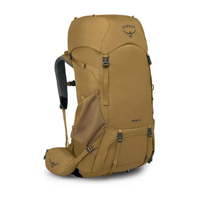 An Osprey Hike 60 backpack in a warm tan/khaki color, shown from a three-quarter angle against a plain white background.