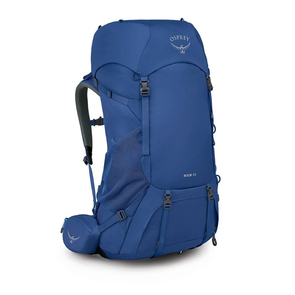A blue Osprey backpack shown from the side against a plain white background, with a matching blue zippered pouch attached at the base.