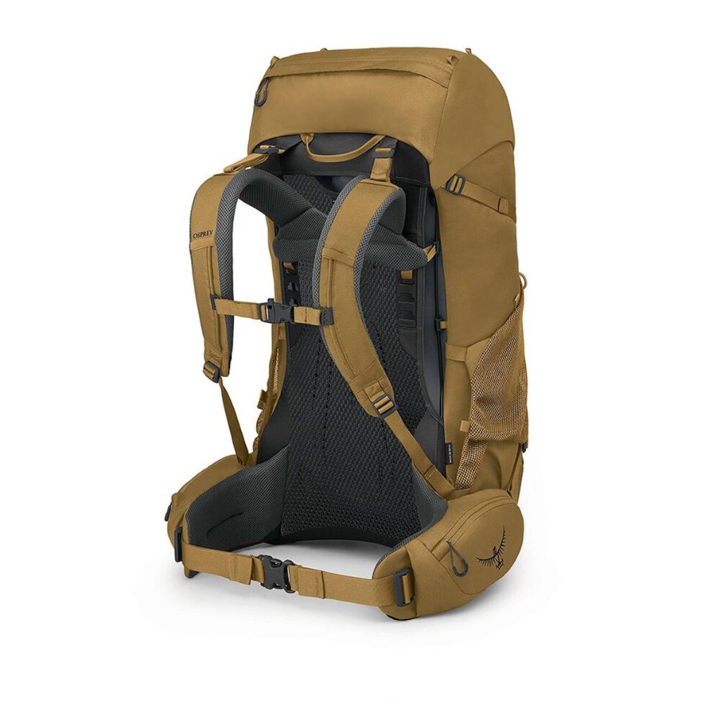A large Osprey hiking backpack in a classic coyote brown color, shown from the rear three-quarter view against a clean white background.