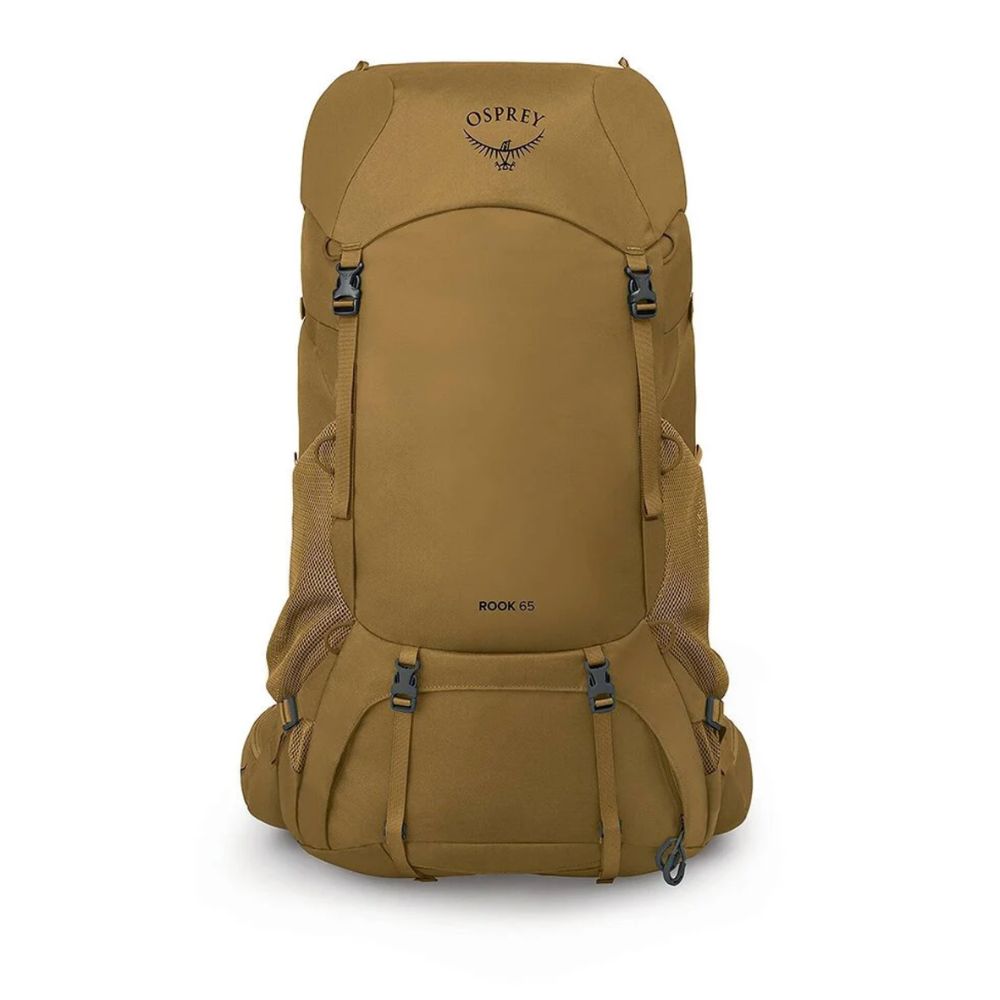 An Osprey Rock 65 hiking backpack in a warm tan/khaki color, shown from the front against a plain white background.