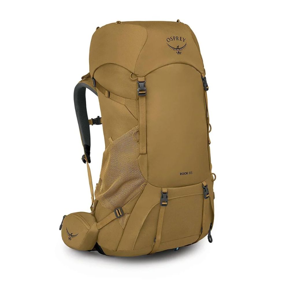 An Osprey Rock 65 backpack in a warm tan/khaki color, shown from a three-quarter angle against a plain white background.