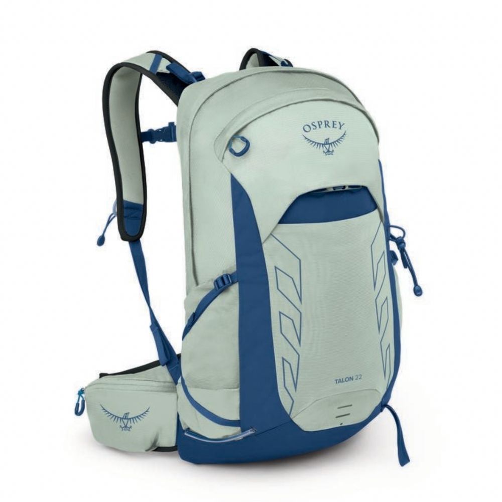 Light blue and navy Osprey backpack on a white background