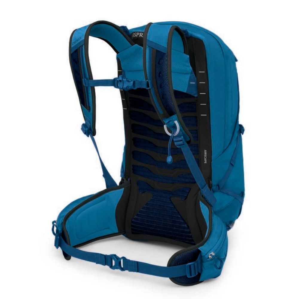 Blue backpack with black accents on a white background