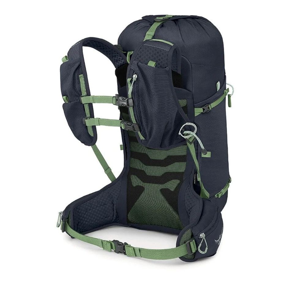 Navy and green hiking backpack on a white background