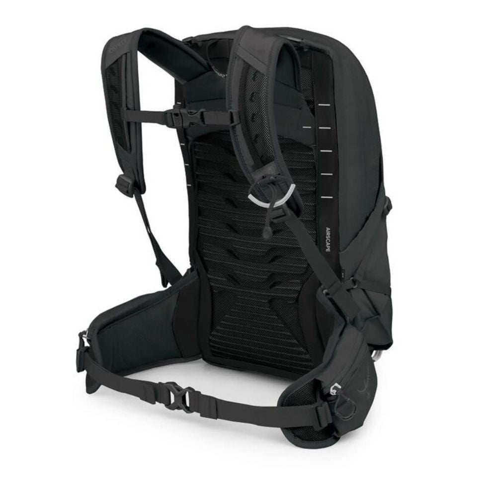 Black backpack with visible brand logo on a white background