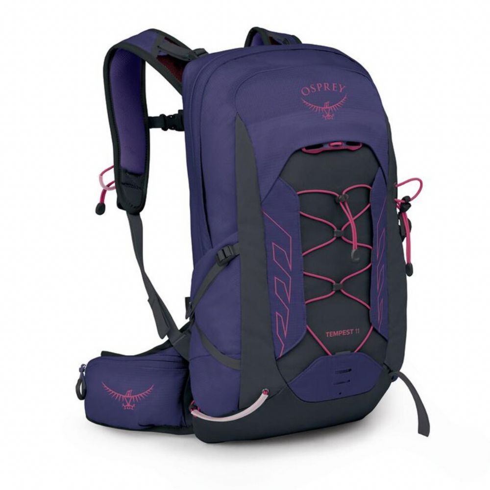 Purple Osprey backpack with pink accents on a white background