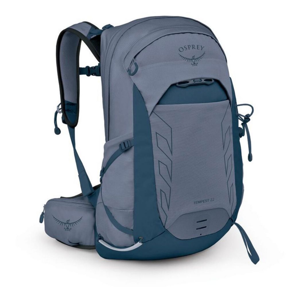 Gray and blue Osprey backpack on a white background