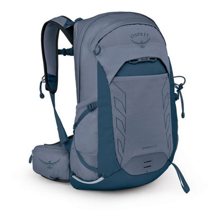 Gray and blue Osprey backpack on a white background