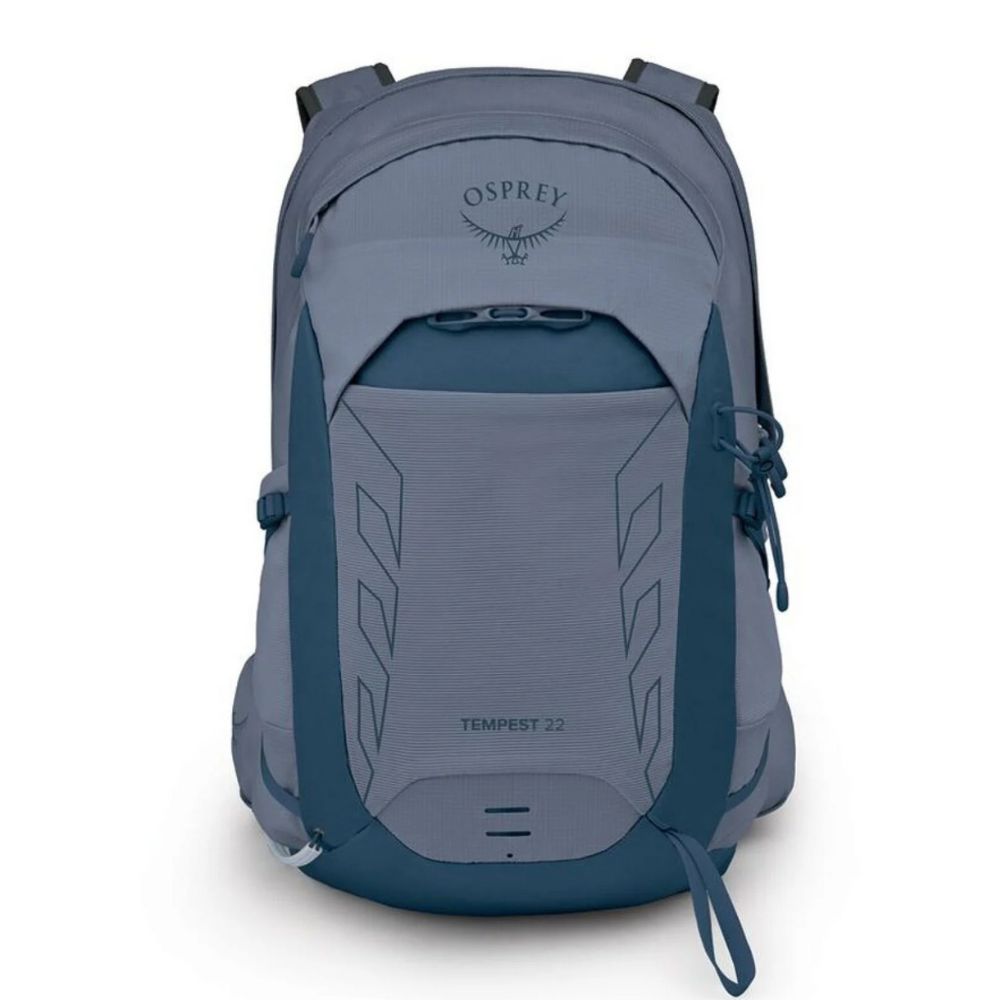 Gray and blue Osprey backpack on a white background