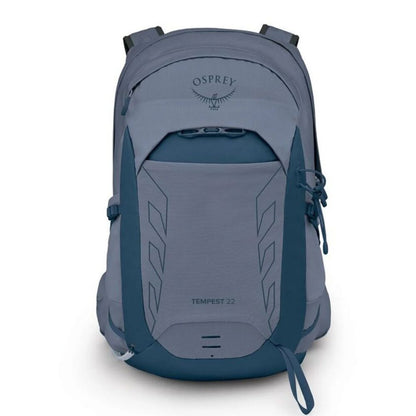 Gray and blue Osprey backpack on a white background