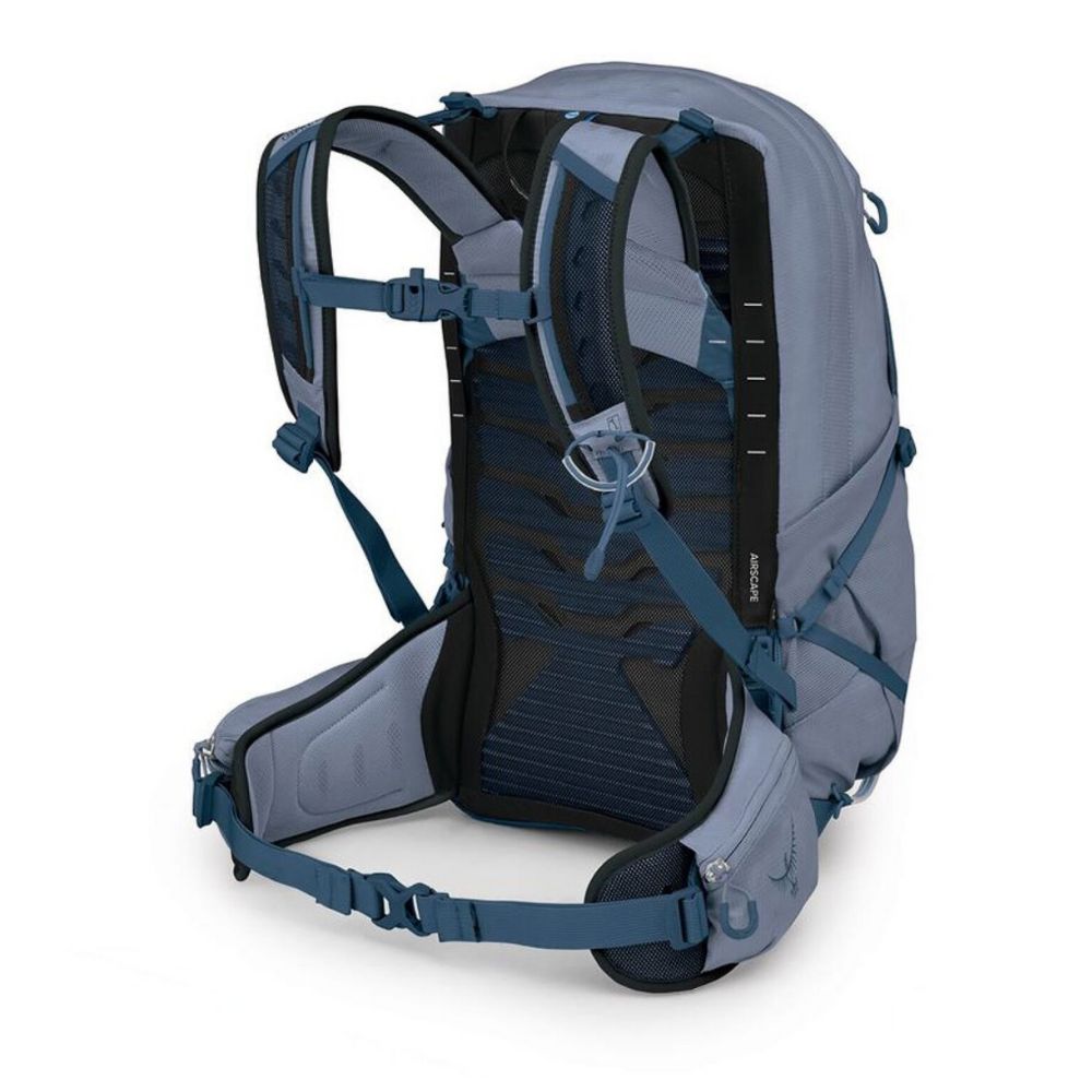 Gray and blue backpack with multiple straps on a white background