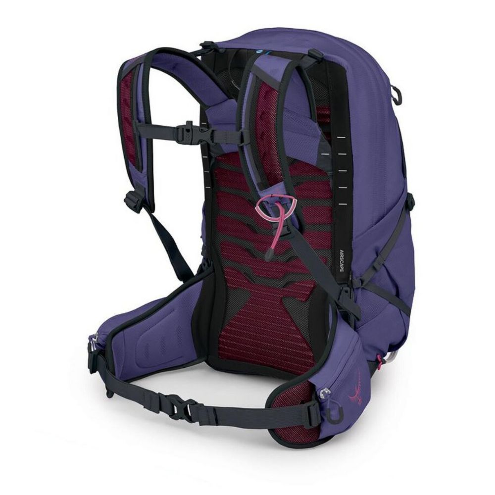 Purple and red backpack with visible Osprey branding on a white background