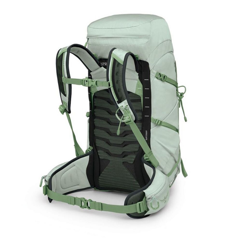 Light green hiking backpack with black straps on a white background