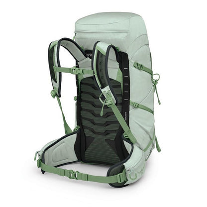 Light green hiking backpack with black straps on a white background