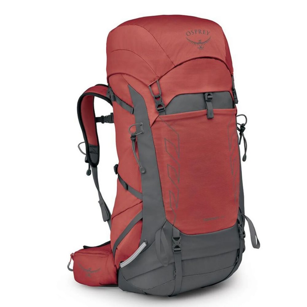 Red and gray Osprey backpack on a white background