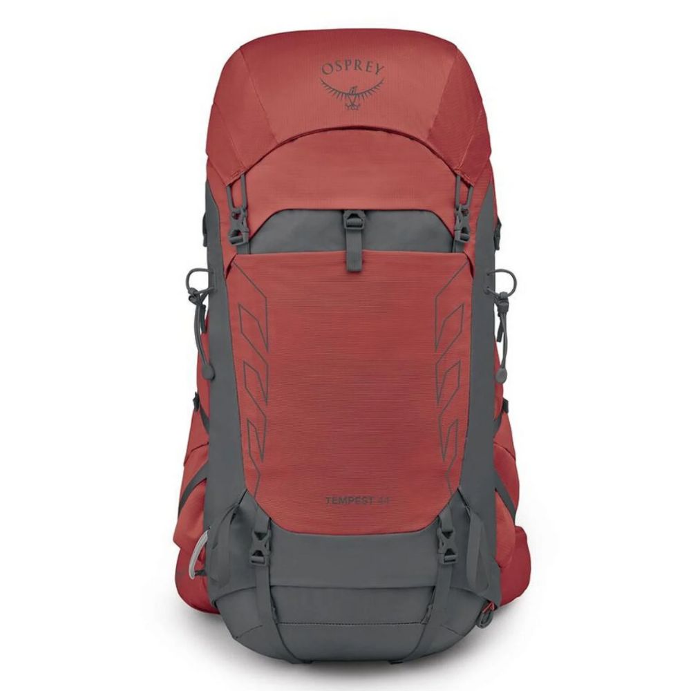 Red and gray Osprey backpack on a white background
