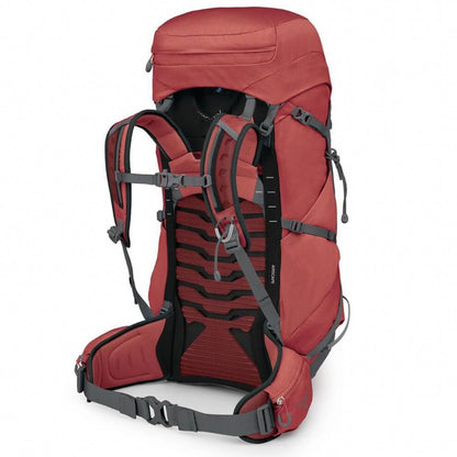 Red hiking backpack with black straps on a white background