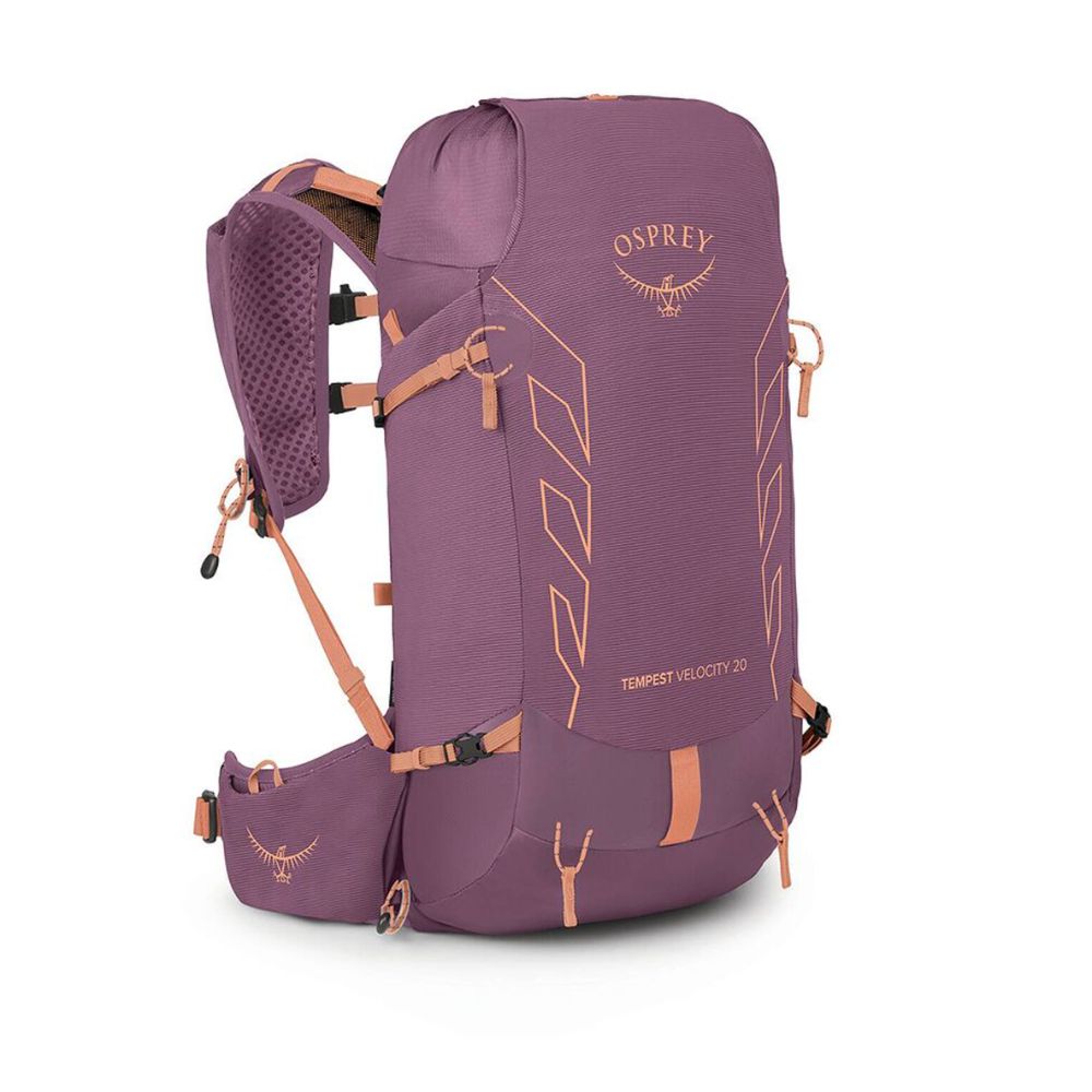 An Osprey backpack in a muted purple color with tan accents, shown from a three-quarter angle on a white background.
